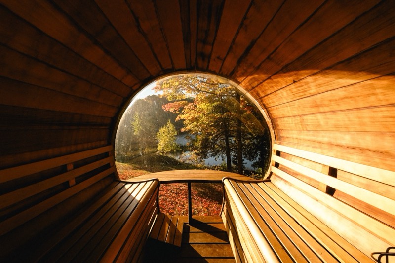 Enhabit barrel sauna at sunset on Instagram